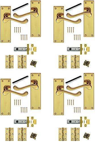 Golden Grace 4 Sets of Polished Brass Scroll Long Plate Lever Latch Door Handles 150mm +Hinges & Latches