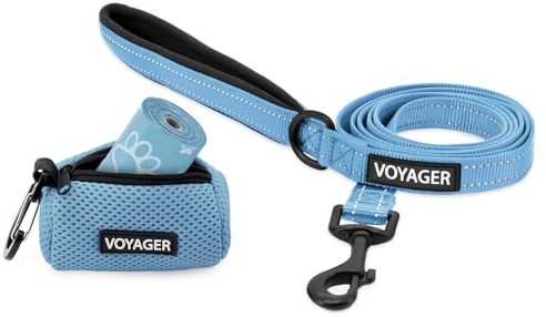 Voyager Reflektierende Hundeleine mit Neoprengriff und wiederverwendbarem Mesh Dispenser-Kotbeutel-Halter by Best Pet Supplies, Babyblau, size S