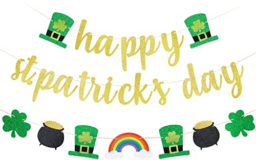 Happy St Patricks Day Banner Gold Glitter Saint Patricks Day Shamrock Clover Garland Banner Decorations for Happy Saint Patrick's Day Banner Decorations