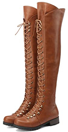 Yishaweiqi Over The Knee High Boots Lace-up Flat Long Boot PU Leather Riding boot