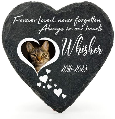 TULLUN Targa commemorativa personalizzata a forma di cuore, per animali domestici, gatti, cani, ardesia, cornice in pietra naturale, con zampe, cuori, cuore, dimensioni: 10 x 10 cm o 10 x 10 cm