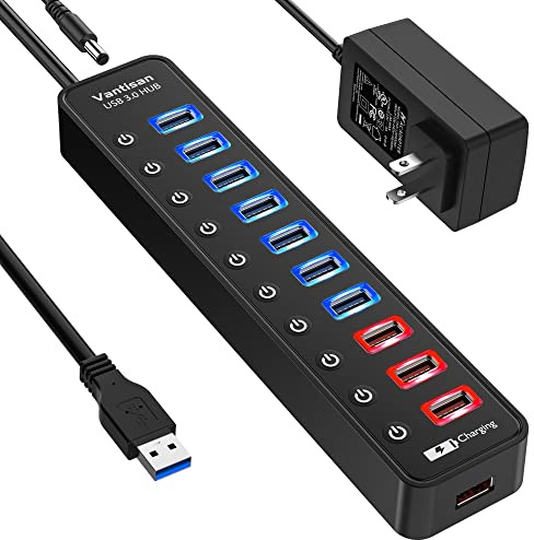 vantisan Powered USB 3.0 hub, 11-Port USB Hub Splitter Extension 7 USB 3.0 Data Ports + 4 Smart Charging Ports with Individual LED On/Off Switches and 12V/3A Power Adapter for USB Devices.