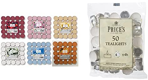 Aladino 150 Tea Lights Candles Scented Tealights- 25 x 6 Scents Mixed Pack - Cotton Flowers & Prices Patent Candles White Tealights Bag, Pack of 50, Wax, l x 3.8cm w x 1.8cm h