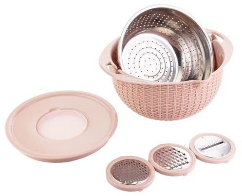 4-1 Colander with Mixing Bowl Set Multifunctional Stainless Steel Colanders with 3 Cutting Blades Fruit Cleaner Food Slicer & Cleaner Pink