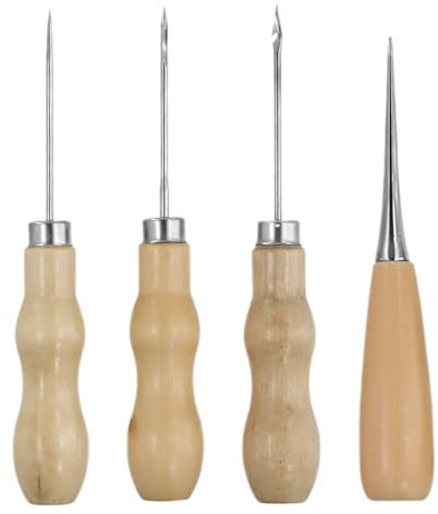 Natuce 4 Stück Ahle mit Holzgriff, Ahle zum Leder Nähen, Schneiderahle, Ahle zum Nähen Reparieren, Lederhandwerk Ahle, Holzgriff Ahle Set für Leder Nähen Stanzen DIY Werkzeug