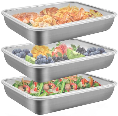 PBUSPU 3 Stück Lebensmittel Aufbewahrungsbox,Frischhaltedosemit Deckel,Gefrierbehälter,Stapelbare Edelstahl-Box mit Verschlussdeckel,zur Aufbewahrung von Käse, Fleisch, Obst Geeignet