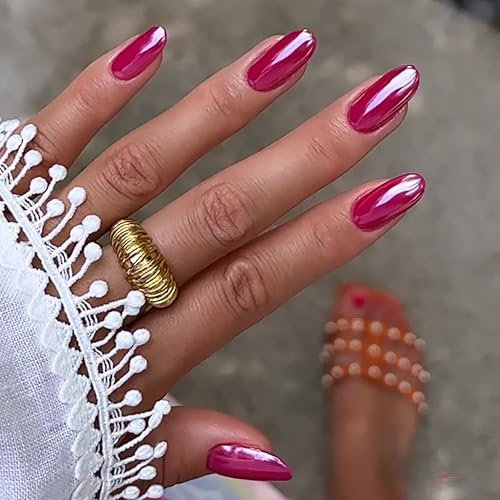 24 Stück Französischer Nägel Zum Aufkleben, Natürlich Acrylic Künstliche Nägel mit Gelee-Kleber, Knallige Rosafarbene Glossy Acrylnägel Selbstklebende Press On Nails (Pink mirror, 24x)