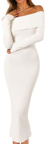 MEROKEETY Women's Winter Off Shoulder Bodycon Sweater Dress 2026 Spring Formal Long Sleeve Elegant Club Party Midi Dresses, White, Large