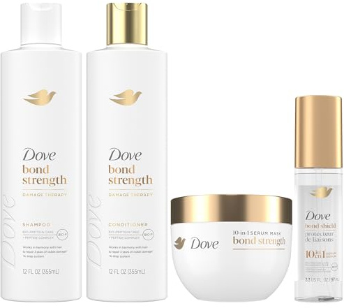 Dove Bond Strength, Damage Therapy System – Shampoo, Conditioner, 10-in-1 Shield Serum & Peptide Mask, Hair Repair Treatment, Anti-Frizz (4 Piece Set)
