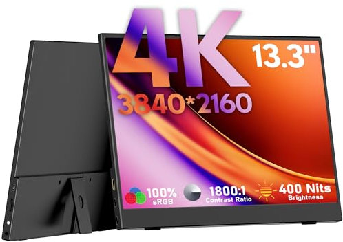 HONGO Portable Monitor 4K 13.3 3840x2160 UHD Monitor Screen IPS 100% sRGB, 1800:1, Laptop Monitor with Speakers, USB Type C Extender Display for Laptop/PC/Mac/Phone/PS4/5/X-BO with Smart Case