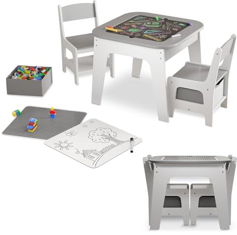 Juskys Kindersitzgruppe Milou - Set mit 2 Stühlen & 1 Tisch - Kindertisch Holz - Spieltisch mit Stauraum - Sitzgruppe für Kinder, Maltisch - Grau