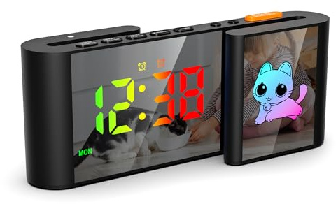 Euakee Sveglia Digitale, Sveglia Comodino con Simpatico Gatto, Orologio Digitale LED Forma di S, Cartone Animato 11 Colori, Dimmerabile, Volume, Ssnooze, Luce Notturna, Camera da Letto (Nero)