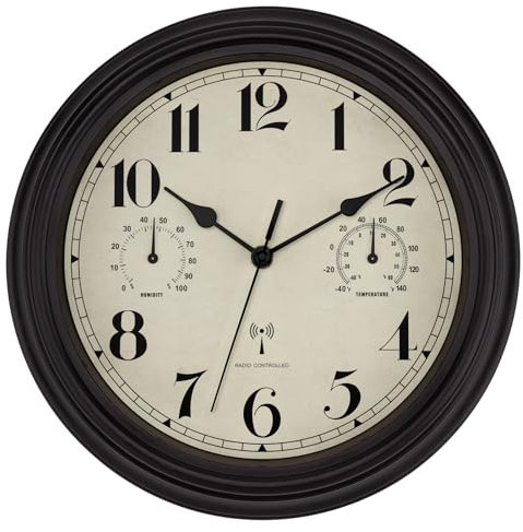 Foxtop Funk Wanduhr, Innen Draussen Wetterfeste Wanduhr mit Temperaturanzeige und Hygrometer, Ohne Tickgeräusche Lautlos Retro Uhr für Terrasse Badezimmer küche Wohnzimmer Heim Dekor(Bronze,30cm)