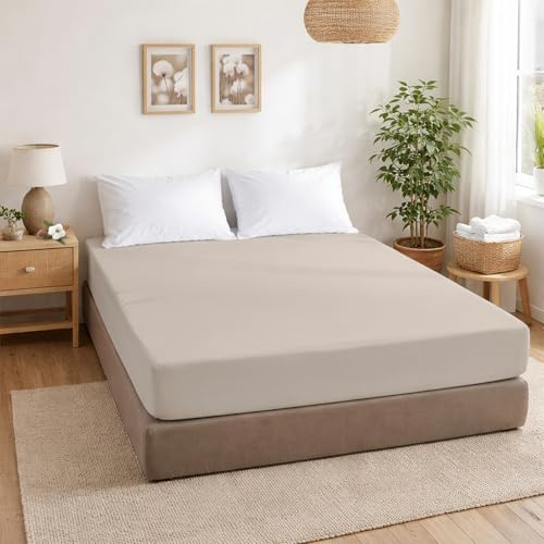 ECOMMERC3 | Sábana Bajera Cama 105 Ajustable 100% Algodón Suave, Transpirable y Ajuste Sábana Bajera Color Tierra para Colchones de hasta 30 cm de Altura
