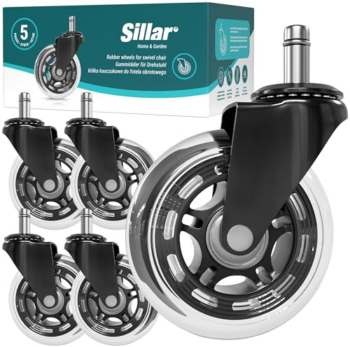 Sillar Kontorsstolshjulsset om 5, hjul för kontorsstolar, 11 x 22 mm, 360 graders rotation utan repor, skrivbordsstolshjul för matta, parkettgolv, hårda golv och kakel (passar inte stolar från IKEA)