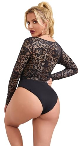 ohyeahlady Body Femme Chic Dentelle Manches Longues Combinaison Chic pour Soirée Bodysuit String Elégant Top Dentelle Col V Justaucorps Grande Taille Chemisiers Blouses Jumpsuit Clubwear(S,Noir)