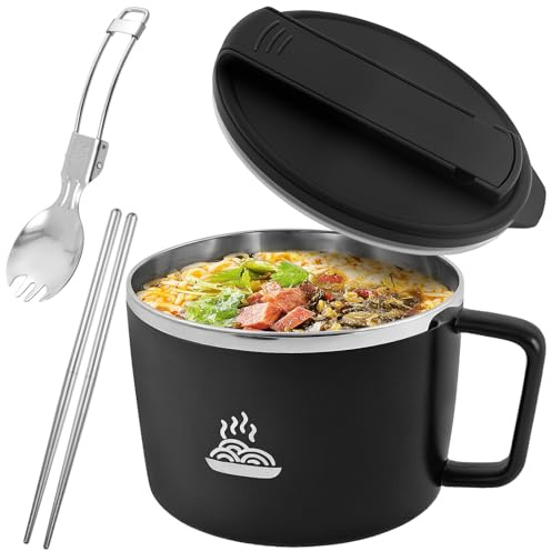GUIJZSLTRG 1200ml Stainless Steel Noodle Bowl Set Double Hollow Ramen Bowl with Handle and Lid Large Capacity Instant Noodle Cup Salad Box, Kitchen Mixing Bowls, Pasta Bowls for Office/Home/Dorm