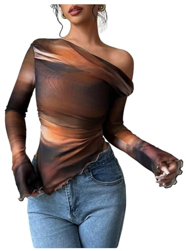 GORGLITTER Women's One Off The Shoulder Tops Asymmetrical Ruched Tie Dye T Shirts Long Sleeve Going Out Party Tops