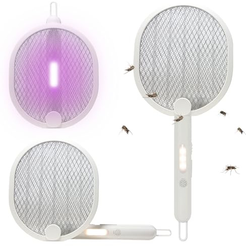 H+H TS 303 Elektrische Fliegenklatsche Weiß | 2-in-1 Elektrische Fliegenfalle & Insektenvernichter mit UV-Licht | Insektenfänger & Fliegenklatsche elektrisch | Wiederaufladbar mit USB-C | 2800 V