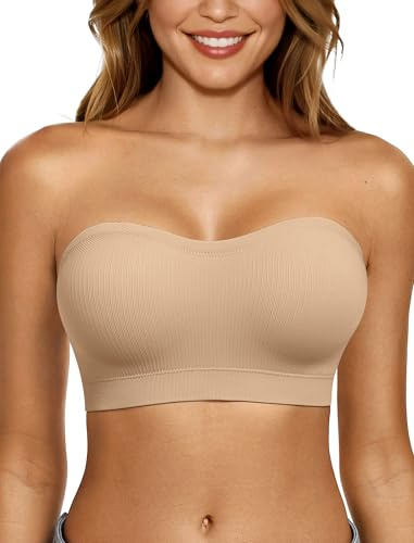 LetsJoli Push Up Strapless Bras for Women Supportive Bandeau Bra Non Slip Wireless No Underwire Padded Tube Bra(Nude,XL)