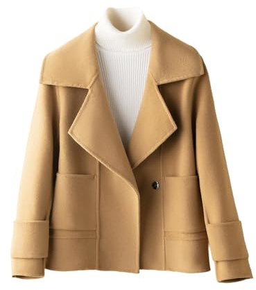 utcoco Womens Short Wool Pea Coat Notched Lapel Cropped Woolen Trench Coat with Pockets (Medium, Camel)