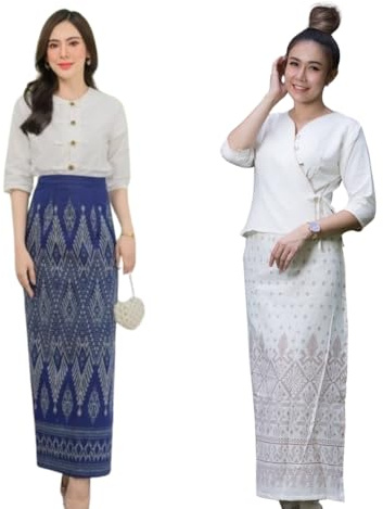 Women’s Thai Cotton Wrap Skirt with Geometric Print – Traditional Long Sarong for Ceremony, Temple Visit, Cultural Events – Handmade Ethnic Wear White,Navy