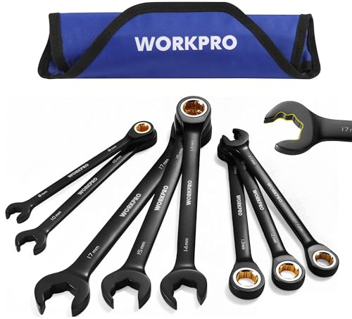 WORKPRO Upgraded 8-piece Anti-Slip Ratcheting Combination Wrench Set with Quick-Slide Open End, 72-Teeth, Cr-V Constructed, Black Metric Wrenches Set with Roll Up Pouch, 8mm-17mm