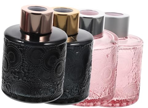 BAZEITFLOW 4pcs Embossed Glass Aromatherapy Bottles for Home Diffuser with Dry Flower Holder Stylish Desktop Perfume Diffuser Decor in Pink and Grey Bedroom Living Random Color