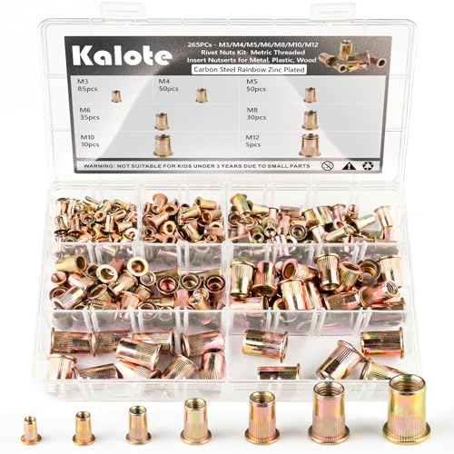 Kalote 265PCS Rivet Nut Kit, M3 M4 M5 M6 M8 M10 M12 Metric Zinc Plated Carbon Steel Rivnuts Assortment, Flat Head Threaded Insert Nutserts for Automotive, Furniture and Metal DIY Projects