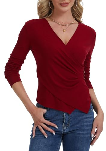 Womens Long Sleeve Wrap Tops, Casual V Neck Cross Wrap Top Ruched Asymmetrical Slim Fit Shirts WineRed