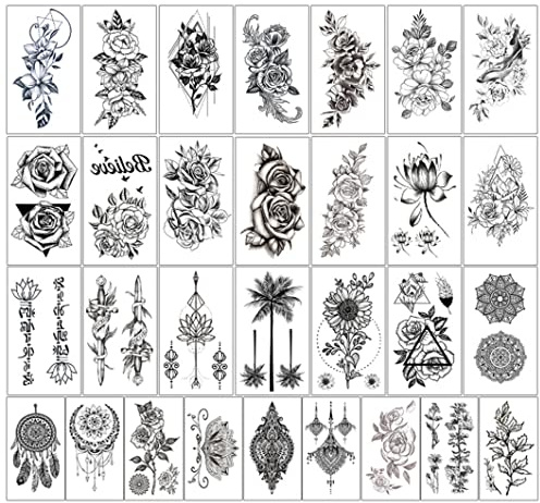 30 fogli tatuaggi temporanei per donne, adesivi per tatuaggi floreali, a lunga durata, adesivi floreali per il corpo per donne e ragazze, per