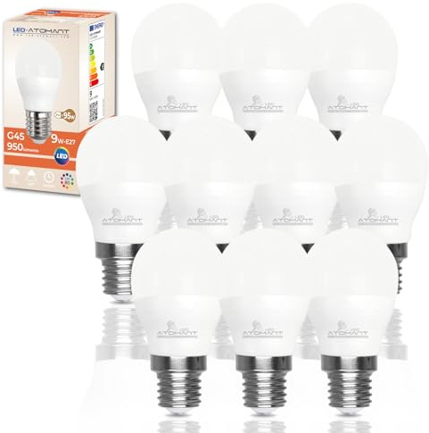 LED ATOMANT Pack 10x Bombilla LED E27 G45 9W. Color Blanco Frio (6500K). 950 lumenes. Casquillo grueso. Equivalente 95W tradicional.