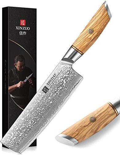 XINZUO Acciaio a Polvere di Damasco Coltello Nakiri 18.2cm, Affilata Coltello da Cucina 73 Strati Acciaio Damasco Professionale Coltello da Cuoco -con Ergonomico Manico in Legno d'Ulivo -Serie Lan
