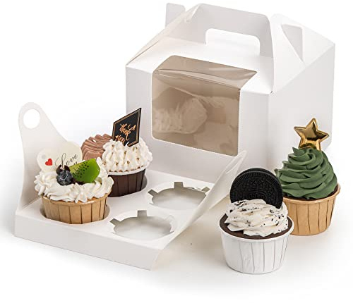 Jucoan 40 Pack Cupcake Containers, 4 Count White Kraft Paper Cupcake Boxes with Insert Window and Handle, Cupcake Holder Bakery Pastry Boxes, Gable Party Favor Treat Boxes for Wedding Birthday Party