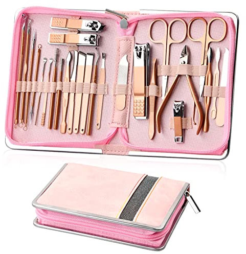 Anseom Kit de Manucure de Pédicure, 26pcs Coupe Ongle Professionnel Set en Acier Inoxydable, Trousse Manucure Pedicure avec Pochette Zippée Premium pour Voyage et à la Maison (Rose)