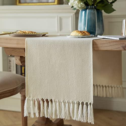 ZeeMart Bordslöpare, 229 cm lång, i jute-linnestil med rustik lantlig känsla, lång boho-bordslöpare för matsal, 33 x 229 cm, krämfärgad