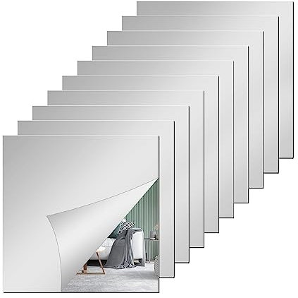 QEEYON 10 Pcs Flexible Mirror Sheets Self-Adhesive Mirrors 2mm Thickened Acrylic Mirror Full Length Wall Mirrors 15 x 15cm Plastic Mirror Tiles Non-Glass Mirror for Bathroom, Bedroom, Door etc