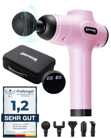 SPORTINATOR® Level Up Massagepistole inkl. verschiedener Aufsätze und Tragetasche, elektrisches Handmassagegerät mit USB-C-Anschluss und LCD-Touchscreen (Pink)