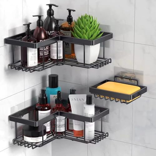 TRAYINDALY Etagere Douche sans Percage,3 Pièces Noir Etagère Salle de Bain avec Crochets Adhésive, Rangement et Organisation de la Salle de Bain, Accessoire avec Porte Savon Shower Organizer