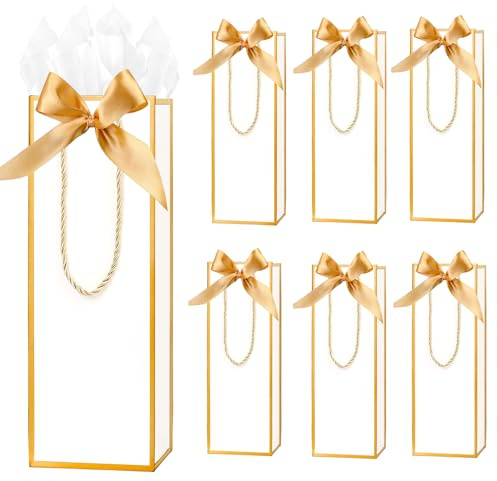 6 Pack Wine Gift Bags With Tissue Paper,White,33X12X10CM | Paper Bottle Bags with Bow Ribbon for Girl Women's Birthday Wedding Christmas Retirement Party Supplies