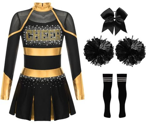 Yruioon 4Pcs Mädchen Cheer Leader Kostüm Langarm Cheerleading Kleid mit Pompoms Socken Haarband Glitzer Tanzkleid Halloween Karneval Fasching Kostüm A Gold&Schwarz 158-164
