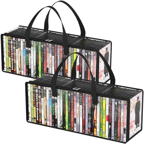 Lifewit DVD Storage Bags, Clear PVC DVD Case Holder with Handles, Front Window Zipper Design, Stackable Media Organizer for Blu Ray Disc, Movie Cases, VHS Box, Hold 70 Pcs DVDs (35 Each), 2 Pack