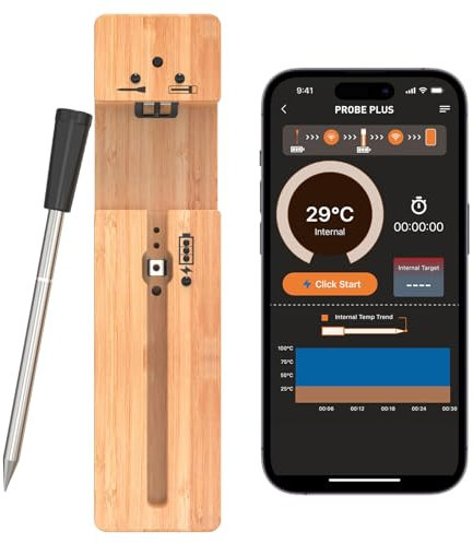 Weetiee Wireless Meat Thermometer,Bluetooth Meat Thermometer Probe,100m Long Range Smart food thermometer with Smart APP for The Oven Grill Kitchen BBQ Smoker Rotisserie,100% IP67 Waterproof