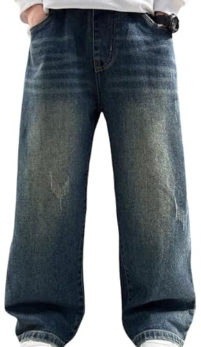 Kelandoom Jean Coupe Baggy Garçon Pantalon avec Poches Jogger Denim Facile À Enfiler Cargo Large Décontracté Style Urbain Hip Hop Streetwear Bébé Jeans Garcon 8 Ans (Bleu foncé,11-12 Ans)