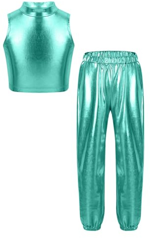 CHICTRY Tuta da Ginnastica Artistica Lucida Metallizzata per Bambina Gilet Senza Maniche Color Block Crop Top e Pantaloni Lucidi Completo da Ballo Jazz Hip Hop Blu A 15-16 Anni