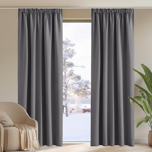 PONY DANCE Extra Wide Pencil Pleat Blackout Curtains - Grey Thermal 80x84 Inch Curtains with Hooks for Living Room Bedroom, Energy Saving & Light Blocking, 2 Panels, Grey