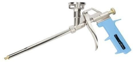 Pistola in schiuma di poliuretano, corpo in alluminio nichelato, grilletto a flusso regolabile, impugnatura ergonomica, pressione massima 8 MPa, per applicazioni di tenuta e isolamento.