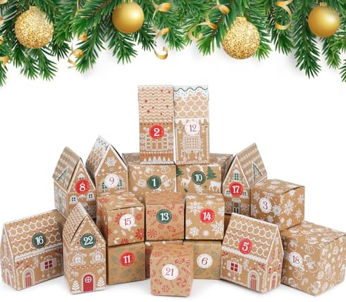 LOKIPA 24 Days Christmas Advent Calendar Boxes, Empty Xmas Kraft Paper Advent Gift Boxes Christmas Countdown House Shaped Boxes with Number Label Stickers for Holiday Party Decorations Supplies