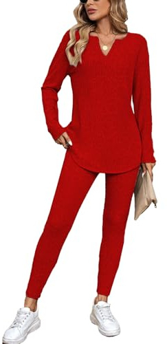 JENJON Mujer Conjunto de Traje de Ocio Manga Larga de Dos Piezas Leggings de Punto Acanalado Cuello en V Casual Chándal Traje Otoño Invierno