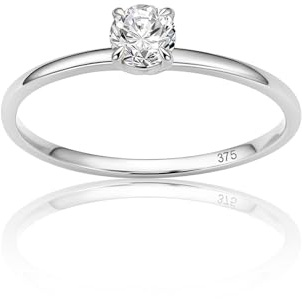 OROVI Anello Donna Oro Bianco 9KT 375, Anello Solitario con Zircone Ct 0,45, Anello Fidanzamento Elegante in Oro Vero, Gioielli Donna Fatti a Mano, Scatola Portagioie Regalo